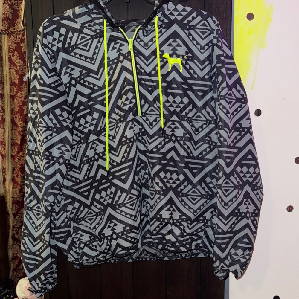 PINK Victoria's Secret Black and Gray Quarterzip Windbreaker with Neon Yellow